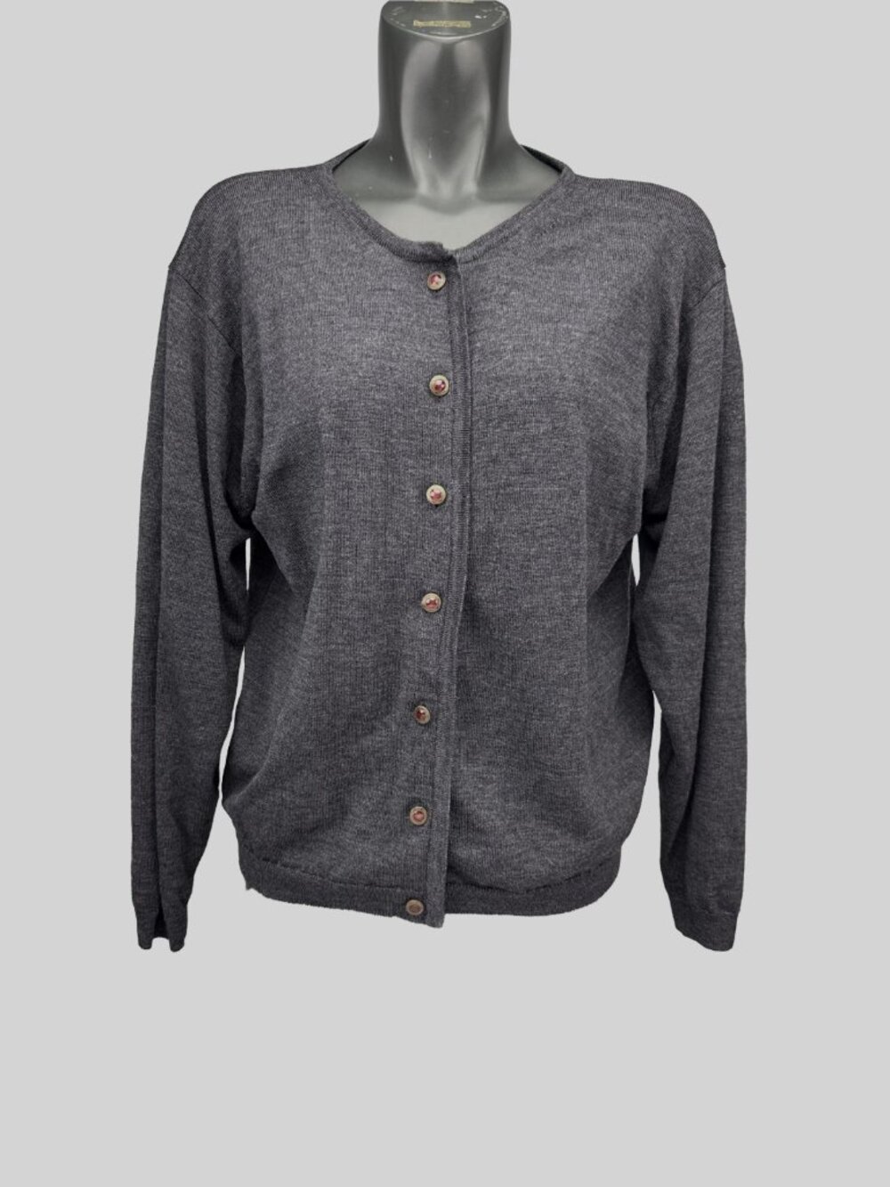 VINTAGE Quality Wool Blend Knit Grandma Charcoal Grey Jewel Button Up Cardigan L